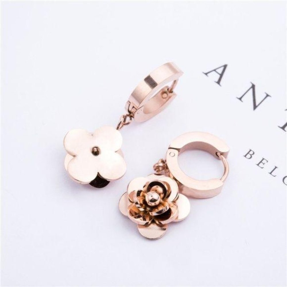 Rose Gold Plated Rose Floral Drop Huggie Earrings - Picture 5 of 5